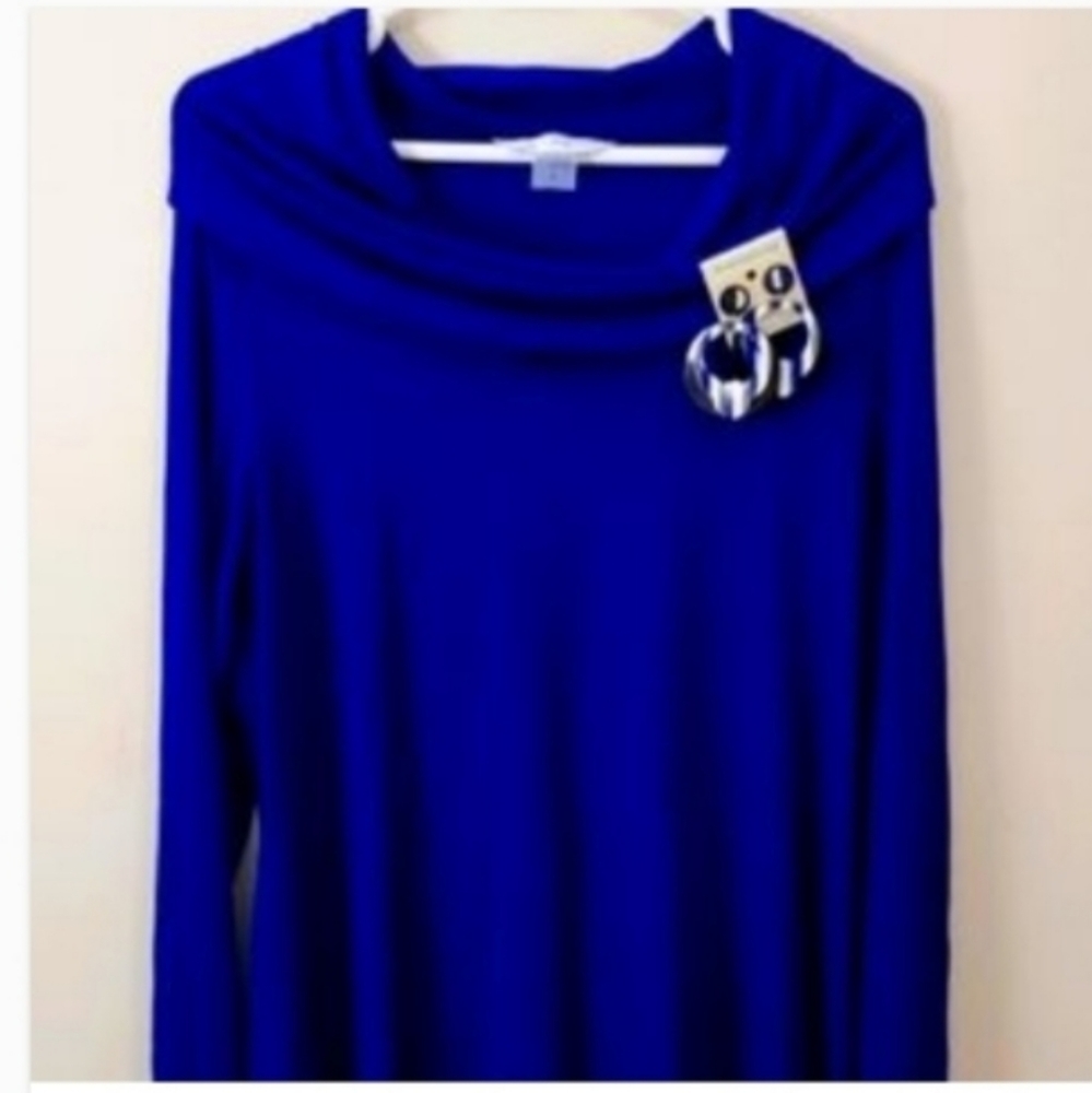 Peter Nygard Cowl Neck, Royal Blue, LS Top w/Bonus Earrings